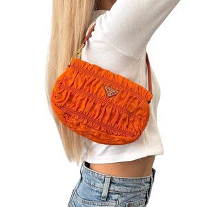 PRADA Vintage Logo Tessuto Gaufre Pochette Shoulder Nylon Bag Orange [106062]